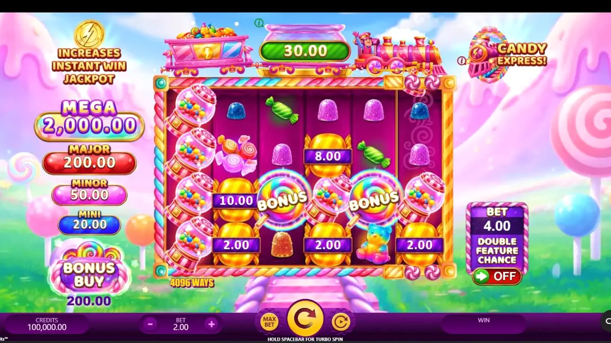Tampilan visual slot Candy Express Gold Blitz dengan tema kereta permen
