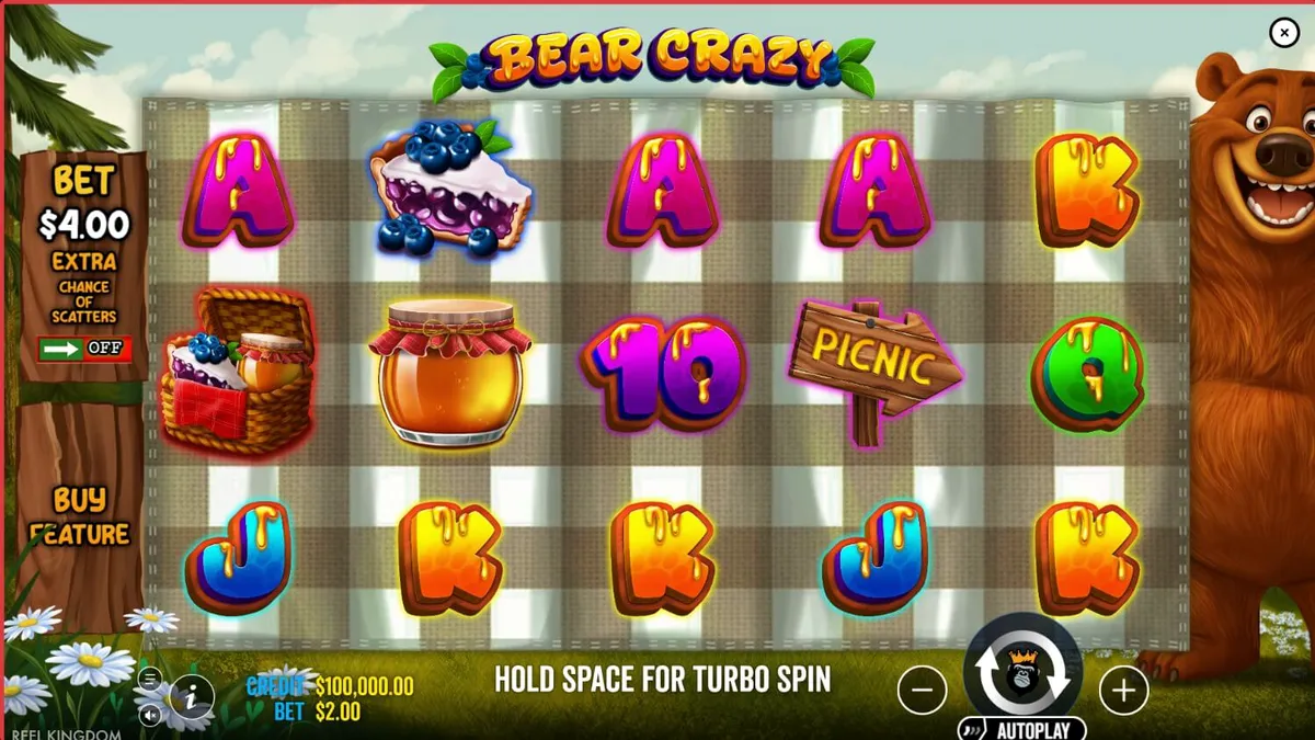 Tampilan visual slot Bear Crazy dengan tema hutan dan piknik